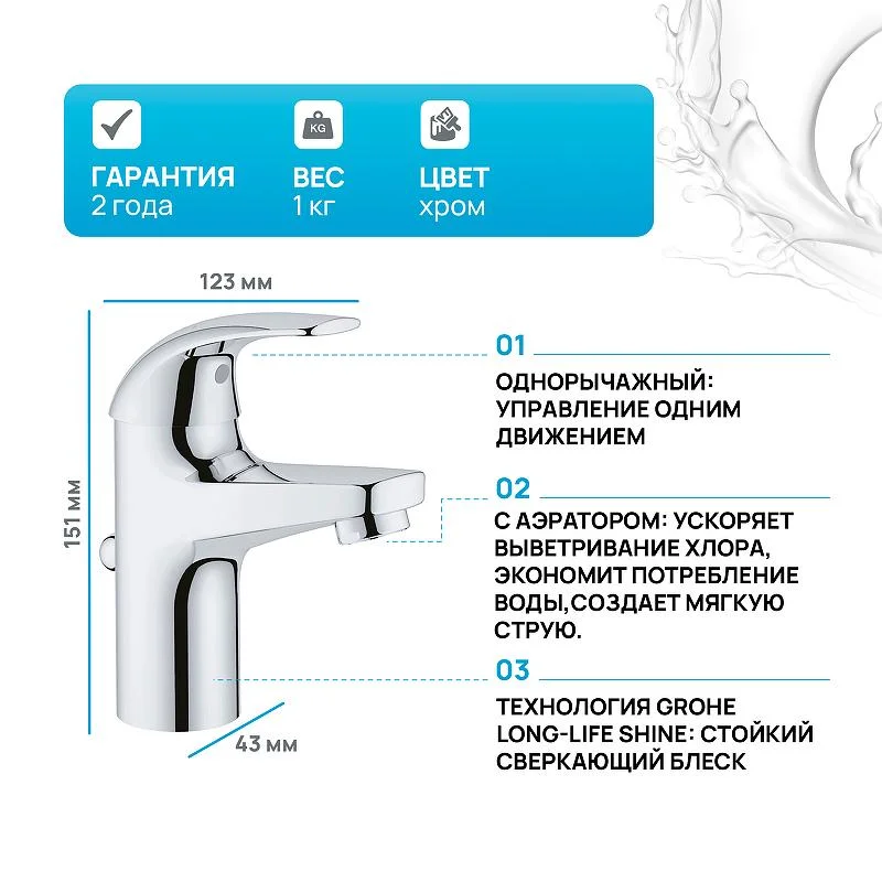 Смеситель для раковины GROHE BAU CURVE 32805000 (хром, H-8,1) ССП 32805000