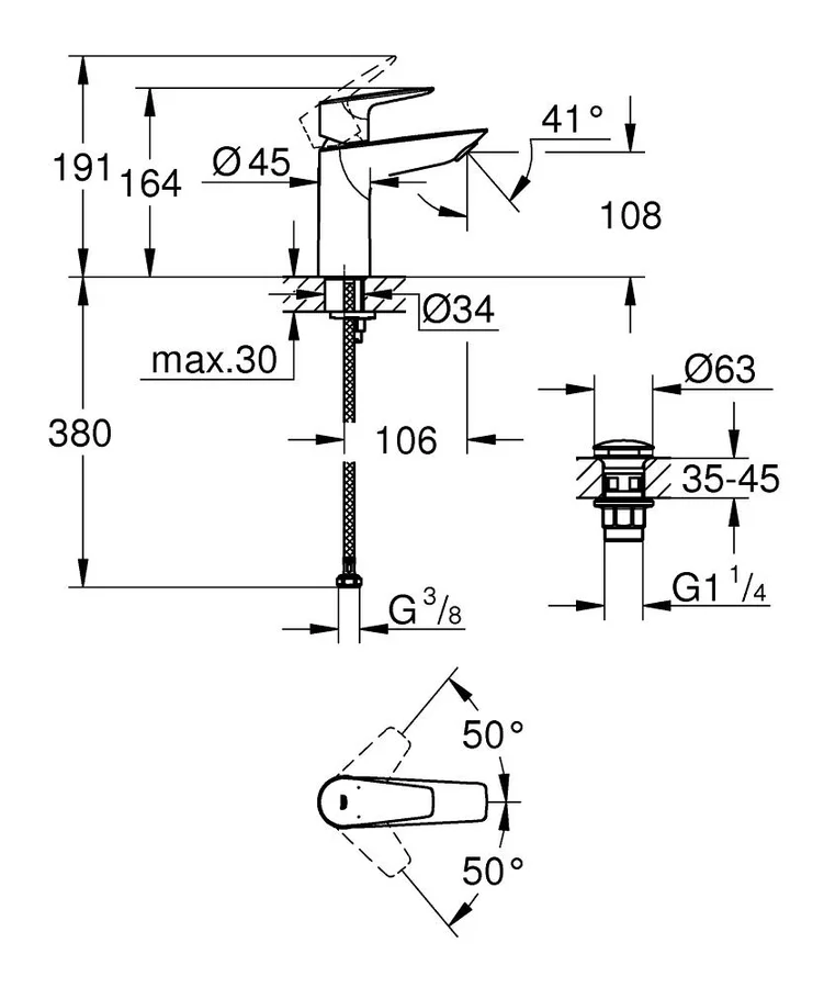 Смеситель для раковины GROHE BAU EDGE 23901001 (хром, L-10,6 H-10,8) 23901001