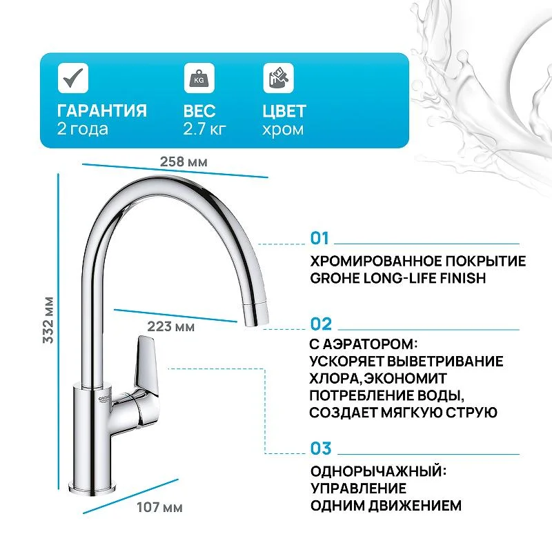 Смеситель для кухни GROHE BAU EDGE 31367001 (хром, L-22,3 H-20,7) 31367001