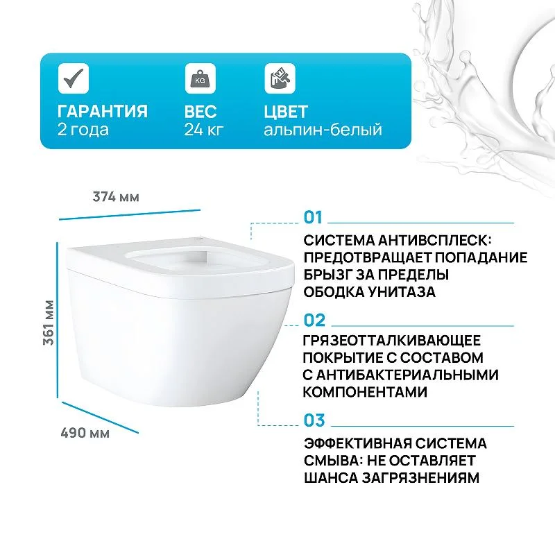Унитаз подвесной GROHE EURO CERAMIC 39206000 Rim гор. вып. 49*37,4 (белый) 39206000