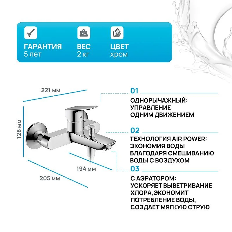Смеситель для ванны с душем HANSGROHE LOGIS 71400000 (хром, L-19,4) 71400000
