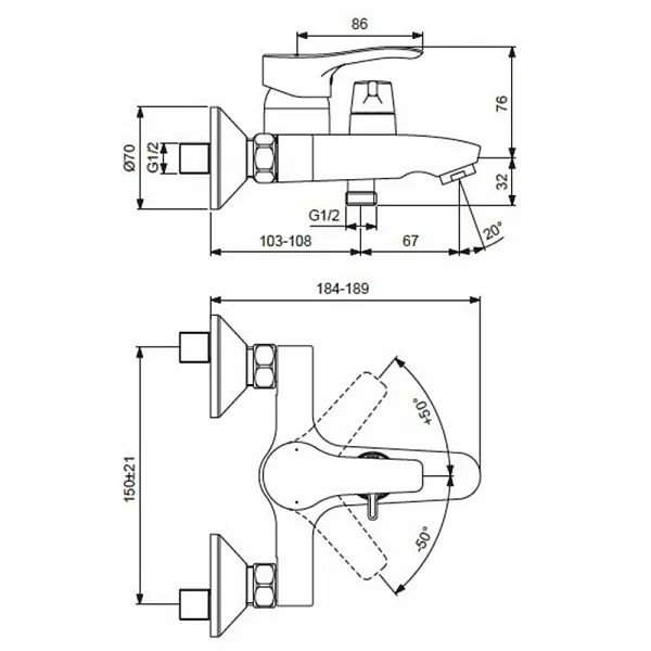 Смеситель для ванны с душем VIDIMA WAVE BA416AA (хром, L-17,5) BA416AA
