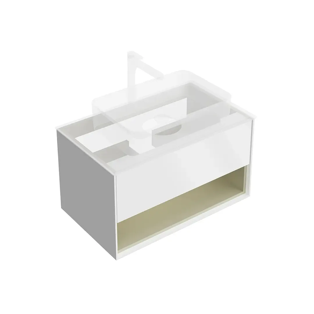 Тумба Plaza Modern/Плаза Модерн подвесная 80, нажимной механизм, 1 ящик, подсветка, белая матовая+шалфей. Фото 1 из 1