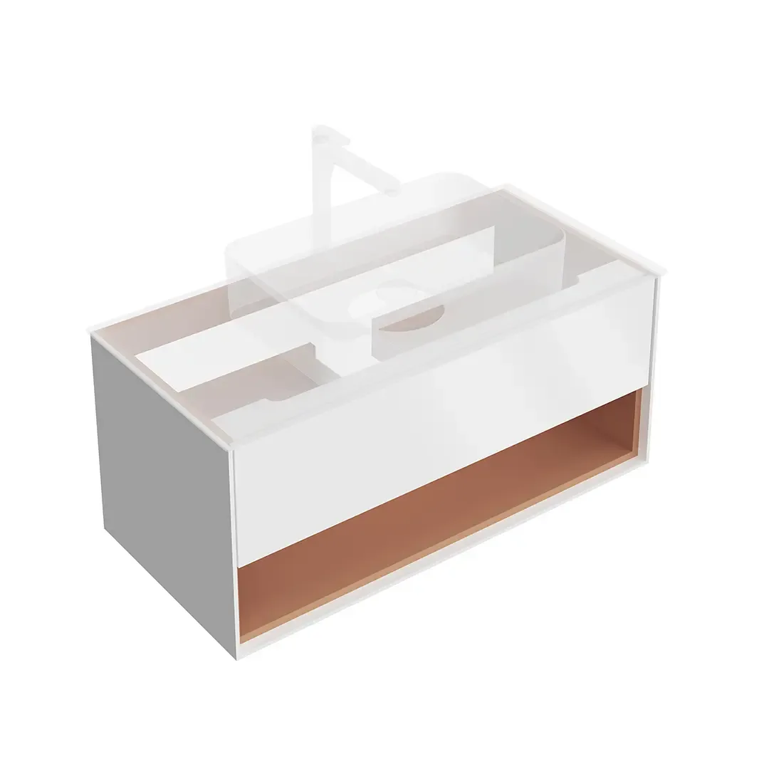 Тумба Plaza Modern/Плаза Модерн подвесная 100, нажимное открывание, 1 ящик, подсветка, белая матовая+сахара. Фото 1 из 1