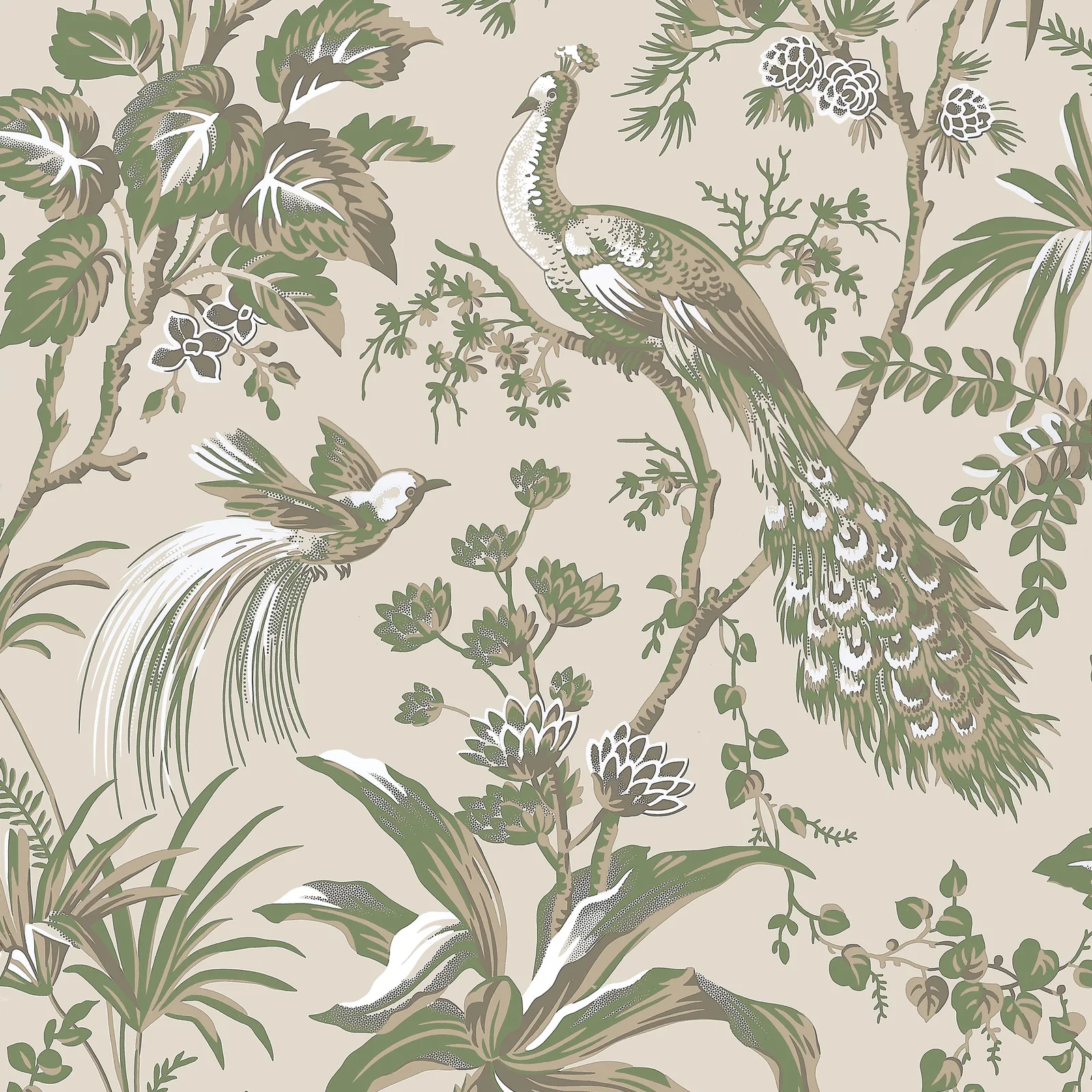 PEACOCK TOILE - Green on Natural AT57832