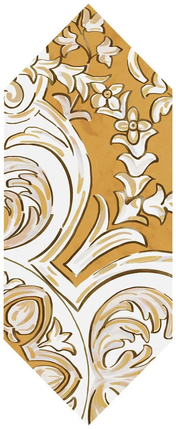 Декор Kerama Marazzi Алмаш 3 жёлтый, 14x34, орнамент, жёлтый, глянцевый