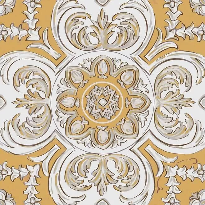Декор Kerama Marazzi Алмаш Центр жёлтый, 30x30, орнамент, белый, глянцевый