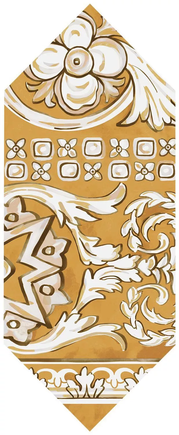 Декор Kerama Marazzi Алмаш 2 жёлтый, 14x34, орнамент, белый, глянцевый