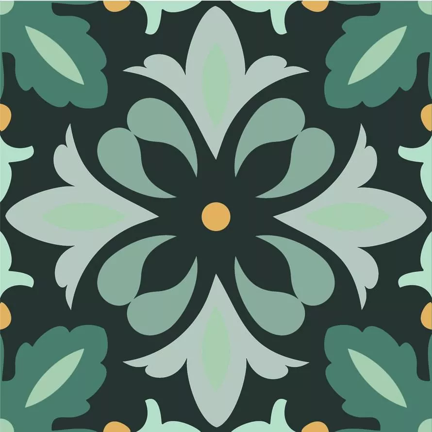 Керамогранит APE Dahlia Daisy Night, 15x15, орнамент, зелёный, матовый