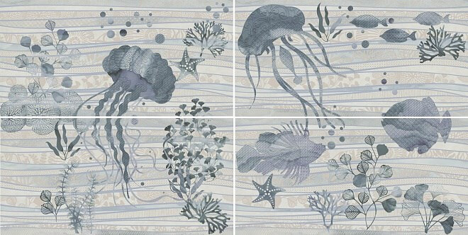 Панно Kerama Marazzi Маритимос из 4-х частей  обрезной, 60x120, морская тематика, белое, глянцевое