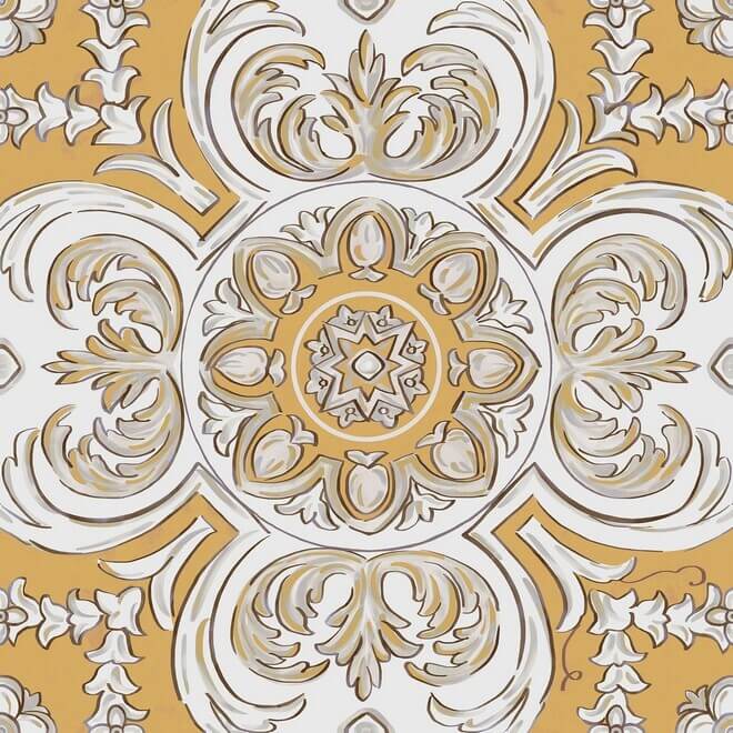 Декор Kerama Marazzi Алмаш Центр жёлтый, 30x30, орнамент, белый, глянцевый