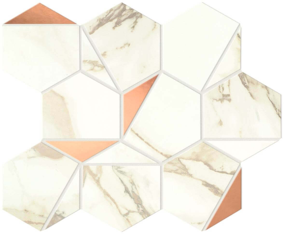 Мозаика Atlas Concorde Marvel Shine Calacatta Imperiale Gold Hex Shiny, 25.1x29, под мрамор, бежевая, глянцевая