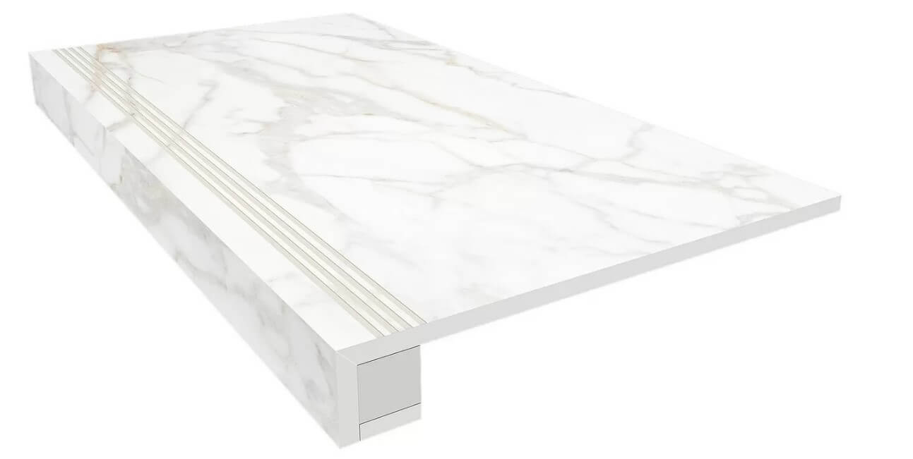 Ступень Ametis by Estima Supreme Gold Комплект (Ступень SM02  непол. (прямоугол. бортик) с насечками + Подступенок, 33x120, под мрамор, белая, матовая