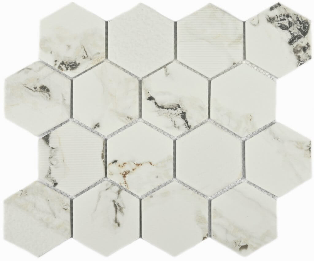 Мозаика Bonaparte Mosaics Saba Elegant, 26.4x30.4, под мрамор, белая, рельефная